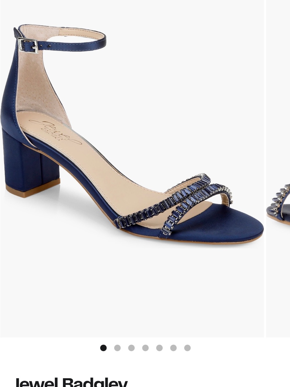 NIB Jewel Badgley Mischka Navy Satin Crystal-Strap Block Heel Sandal